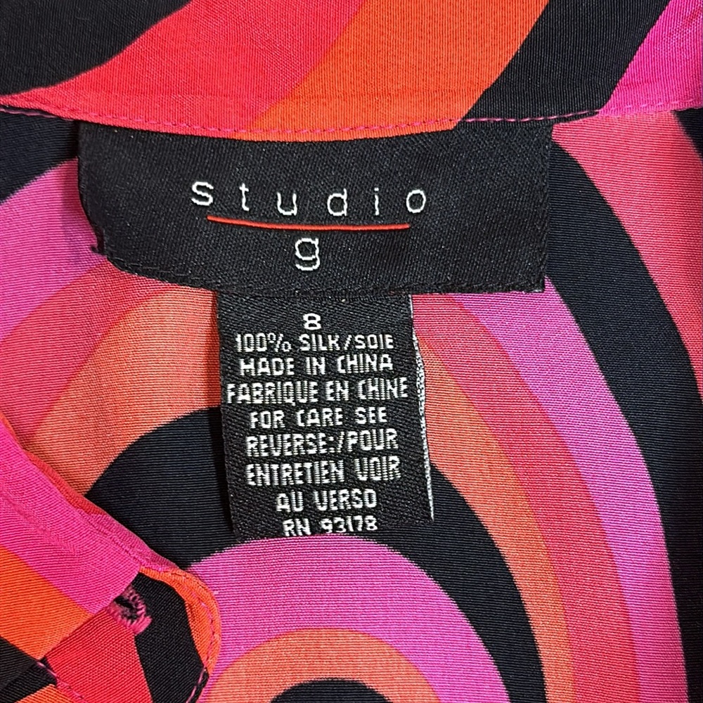 EUC Studio G 100% Silk Retro Style Pink/Blk/Orange Button Down Shirt, 8 - Picture 6 of 7